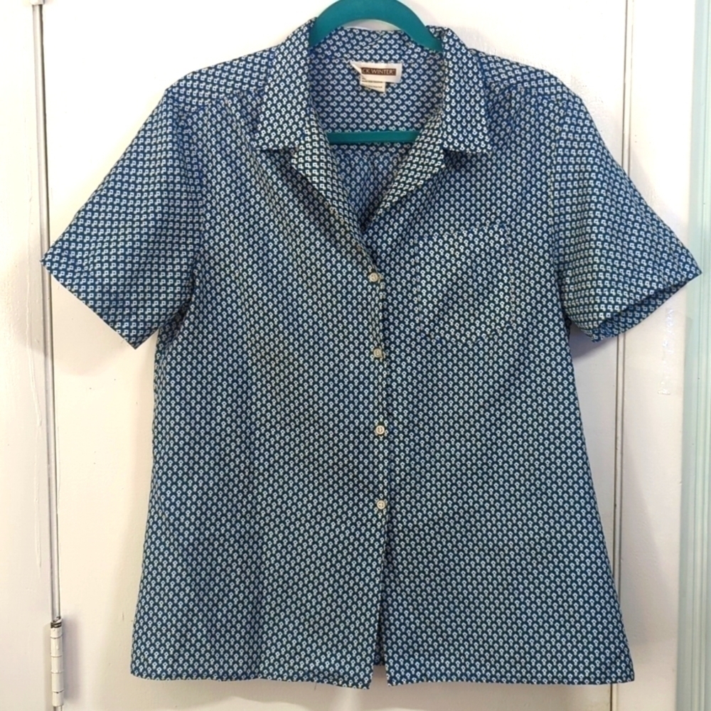 Must SEE Blue&Yellow Geometric Print EUC Vintage Button Down sz 14 - S/M - Picture 3 of 7